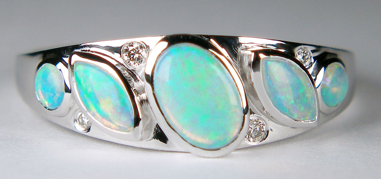 Five stone opal & diamond ring in 18ct white gold