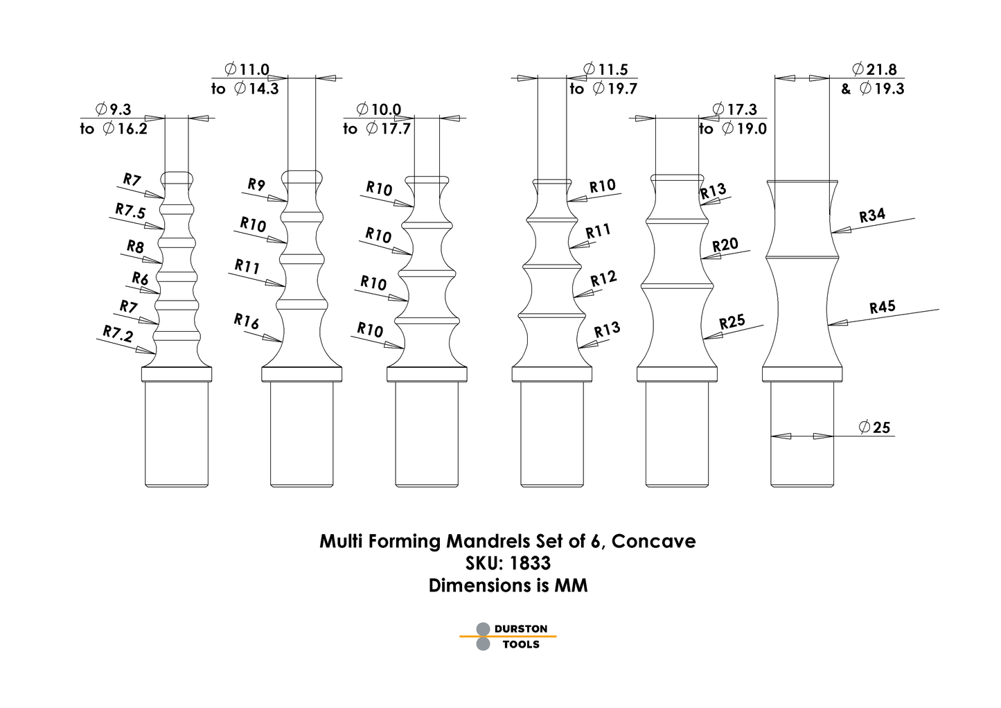 Multi Forming Anvil Mandrels Set of 6 – Concave