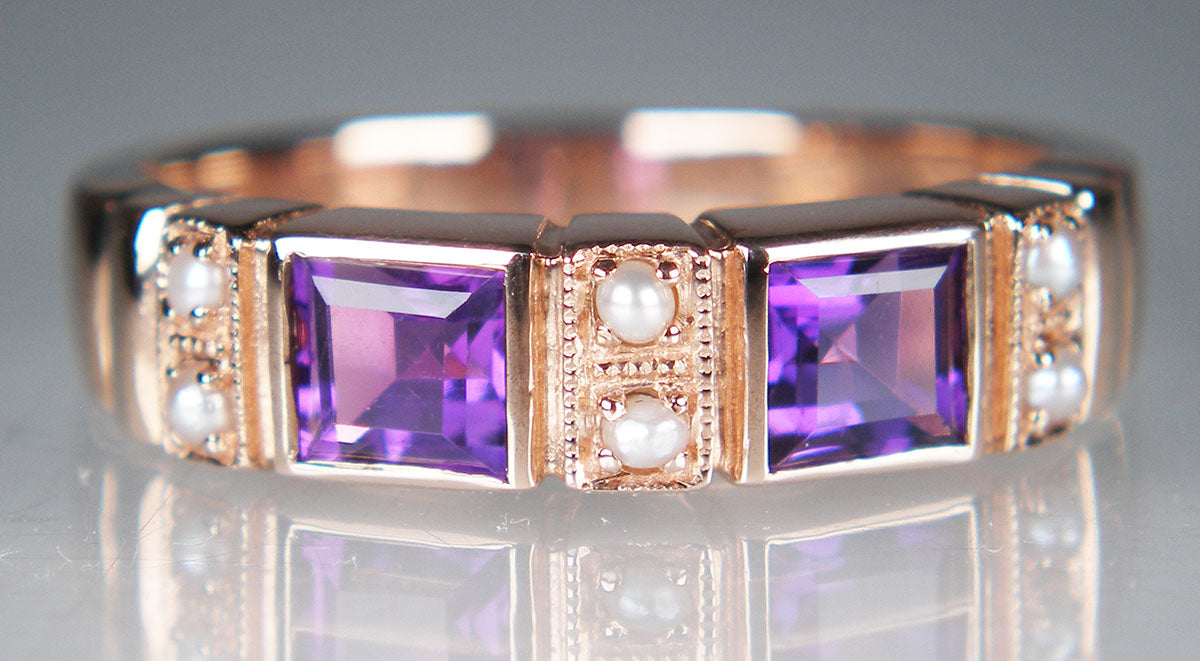 Amethyst & seed pearl ring in 9ct rose gold