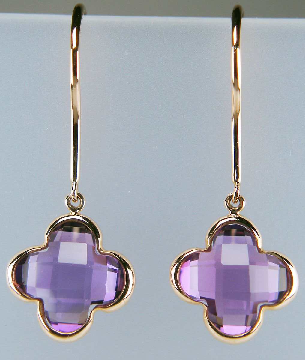 Amethyst flower shaped eardrops in 14ct rose gold