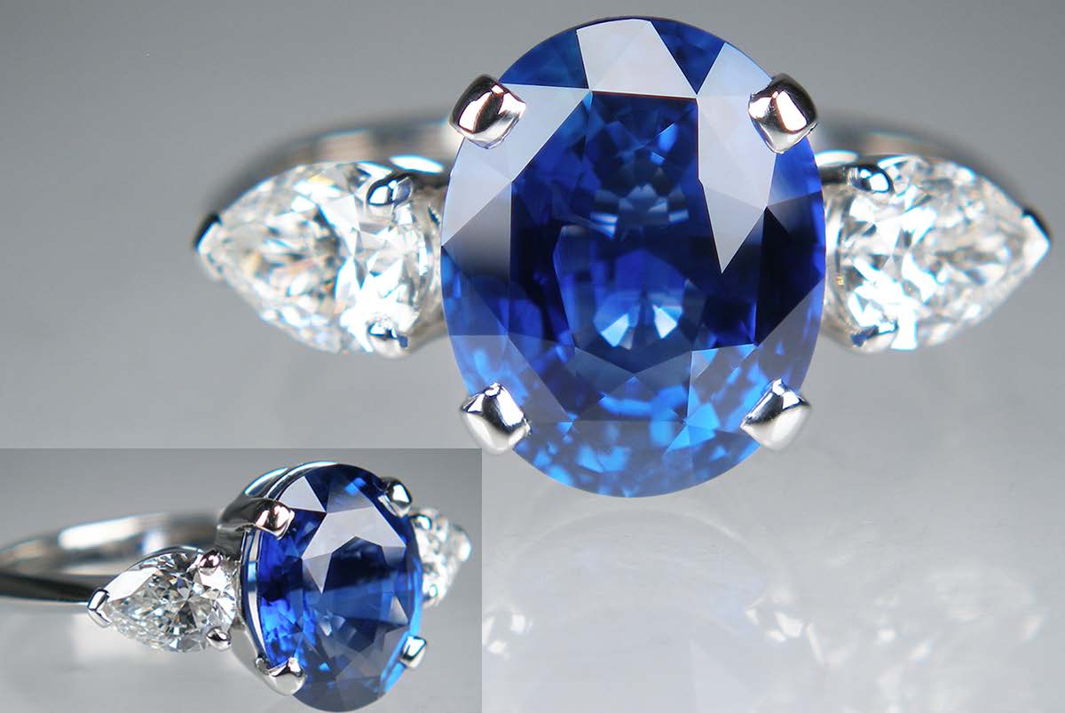 Oval sapphire & pear cut diamond ring in platinum