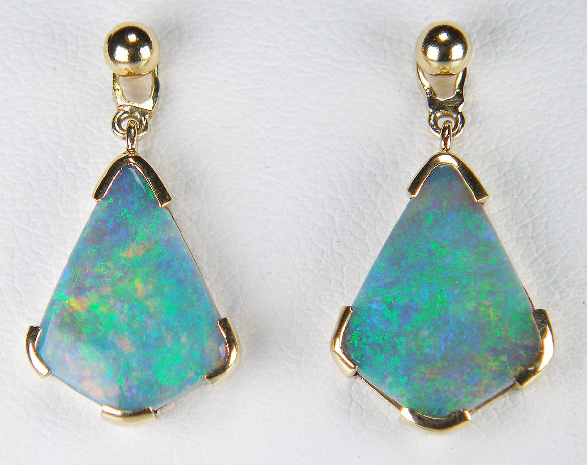 Black opal eardrops in 18ct yellow gold