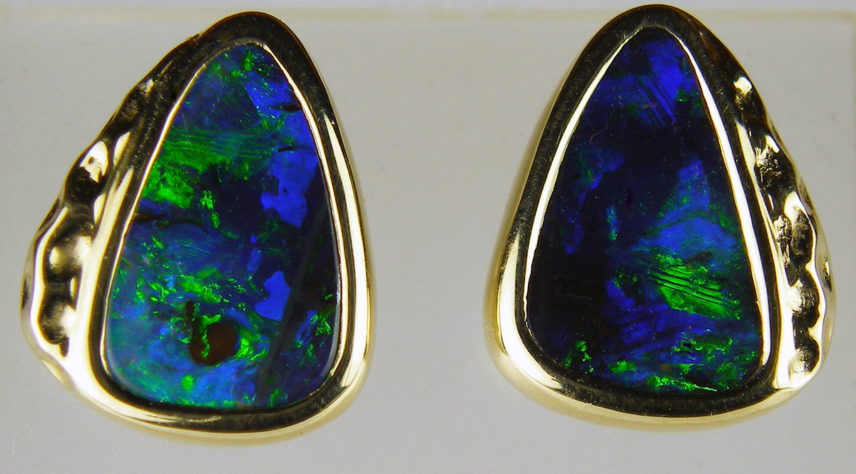 Boulder opal earstuds in 14ct yellow gold