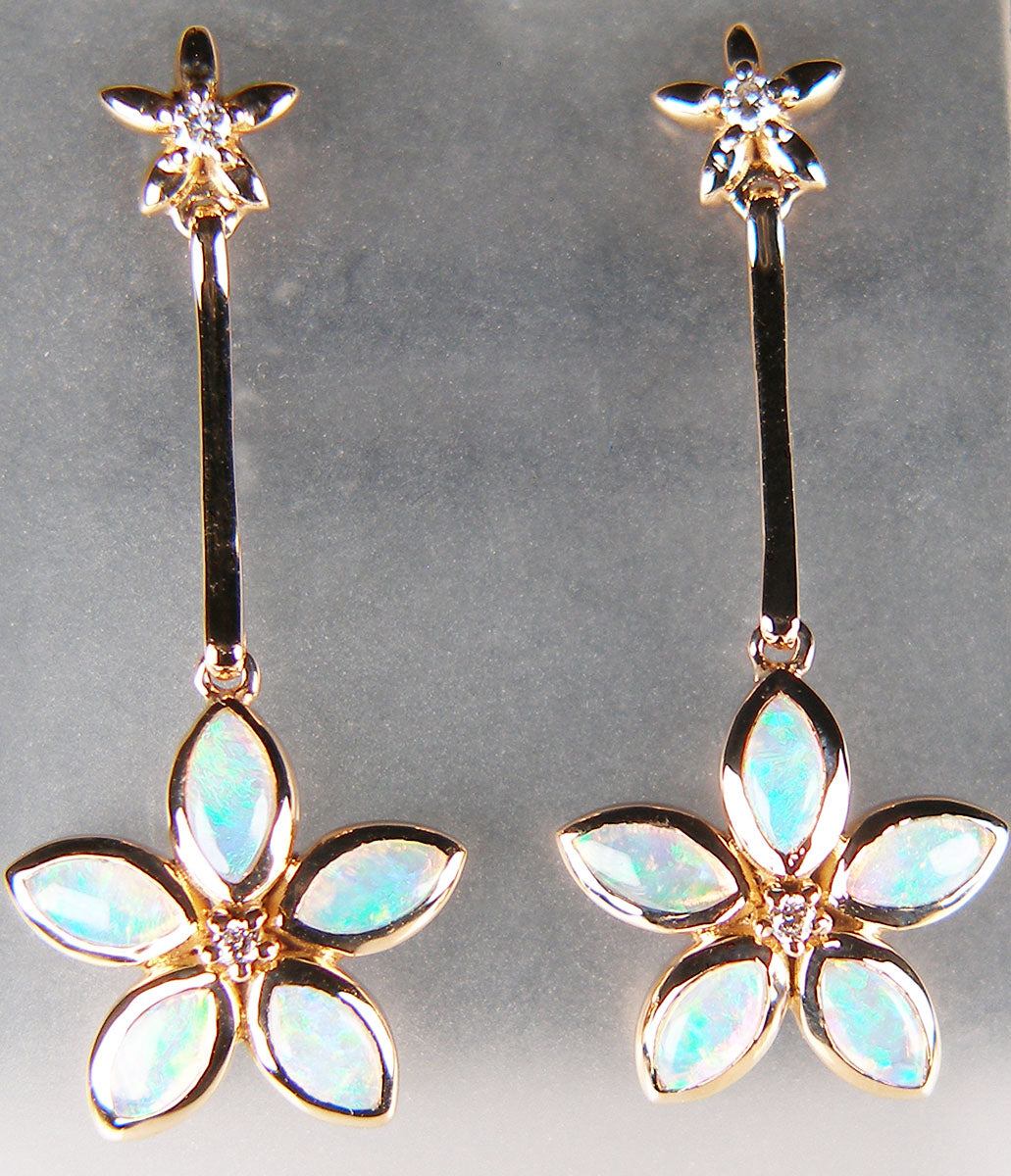 Opal & diamond flower shaped drop earrings in 18ct rose gold
