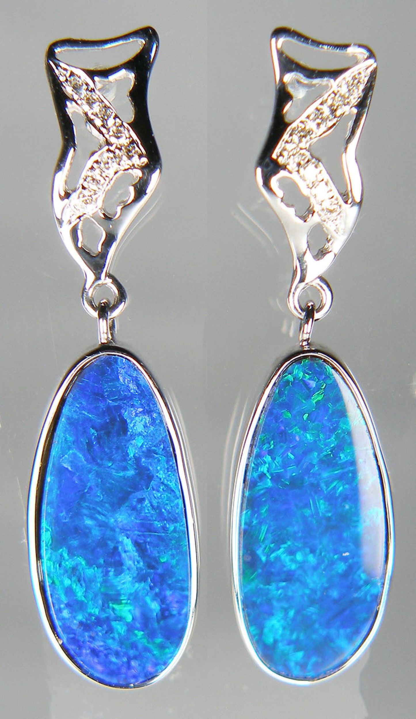 Opal doublet & diamond eardrops in 14ct white gold
