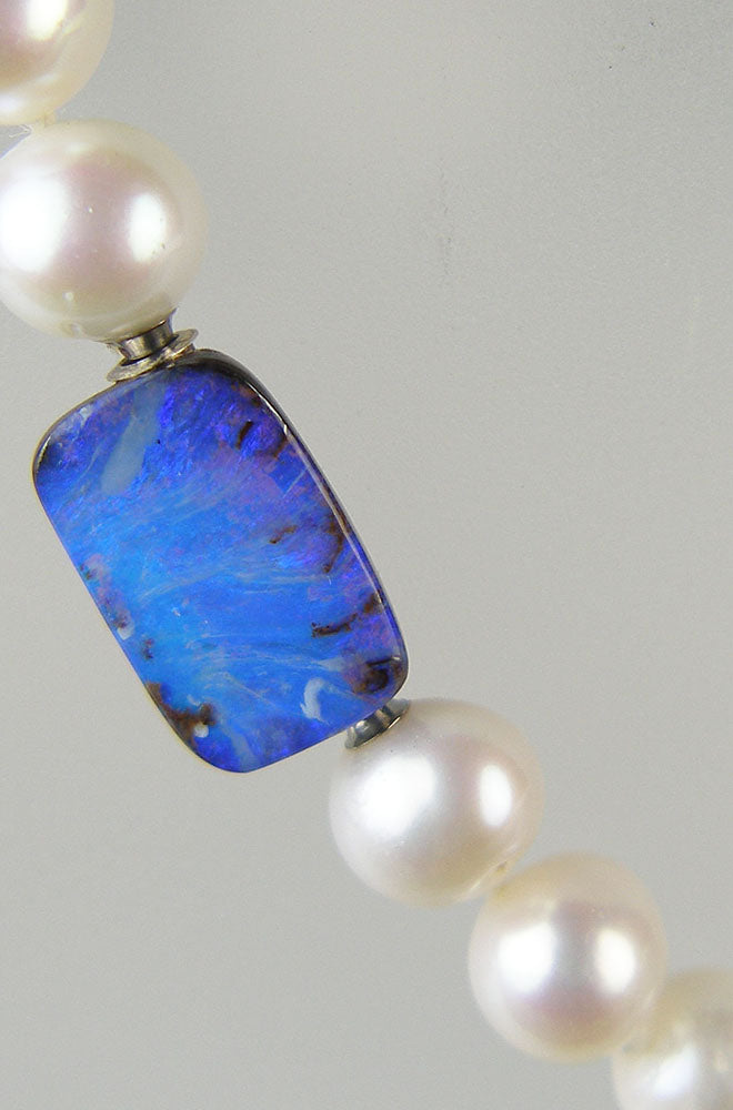 Boulder opal bead clasp on cultured pearls