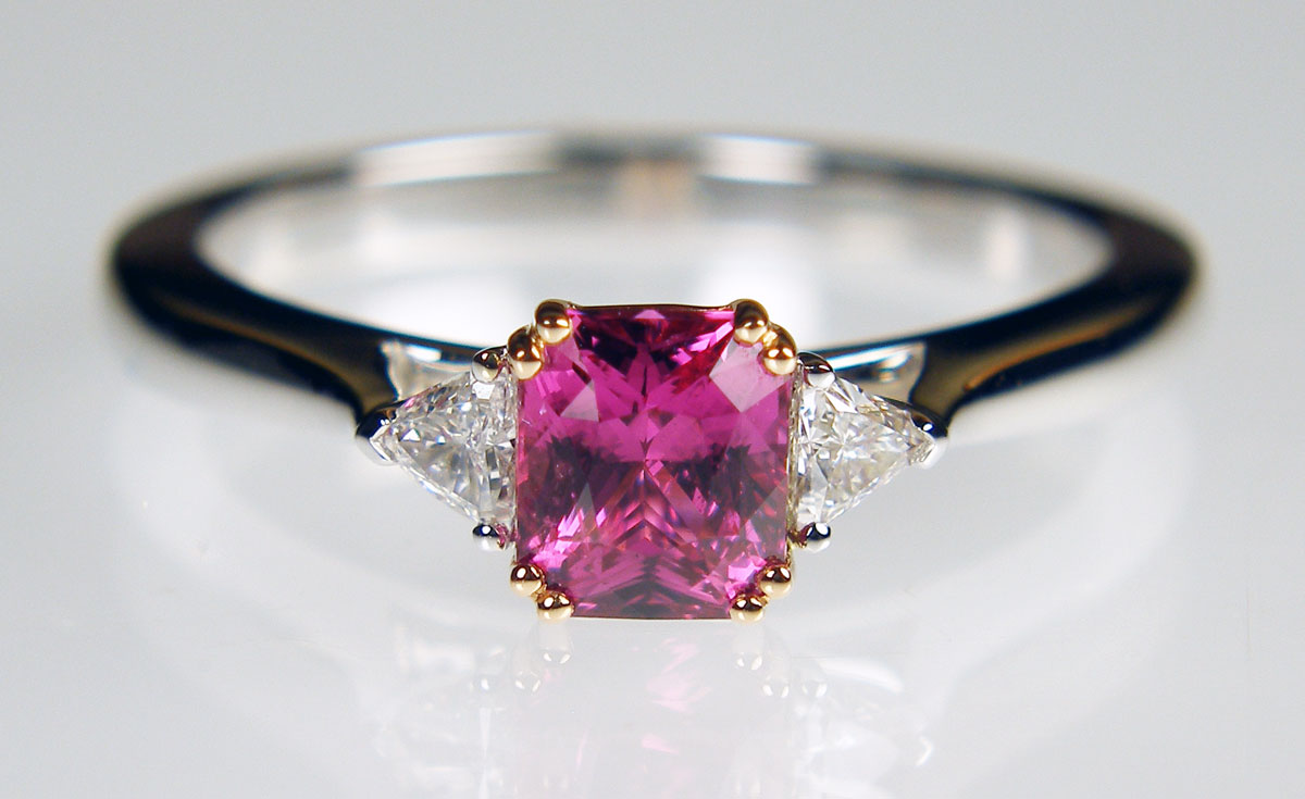 Pink sapphire & trillion cut diamond ring in rose & white gold
