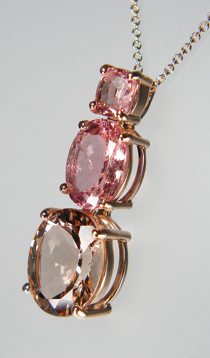 Morganite, tourmaline & spinel pendant in 9ct rose gold