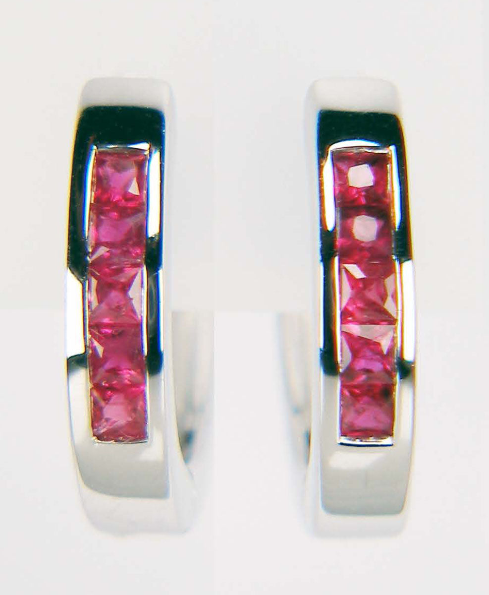 Ruby huggie earhoops in 9ct white gold