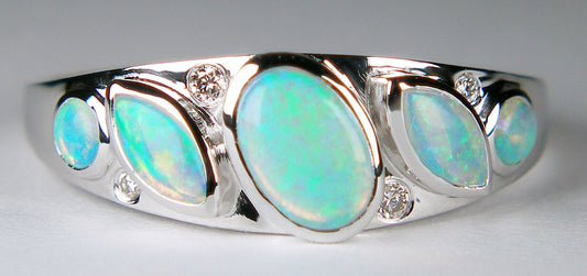 Five stone opal & diamond ring in 18ct white gold