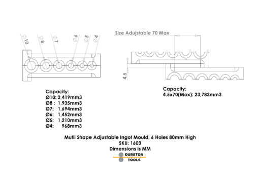 Multi Shape Adjustable Ingot Mould, 6 hole 80 high