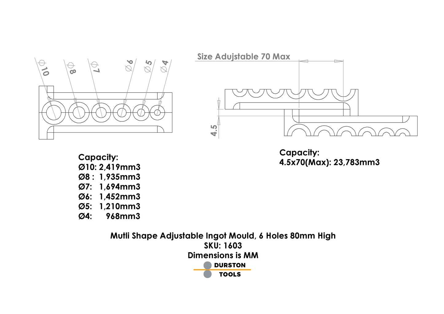 Multi Shape Adjustable Ingot Mould, 6 hole 80 high