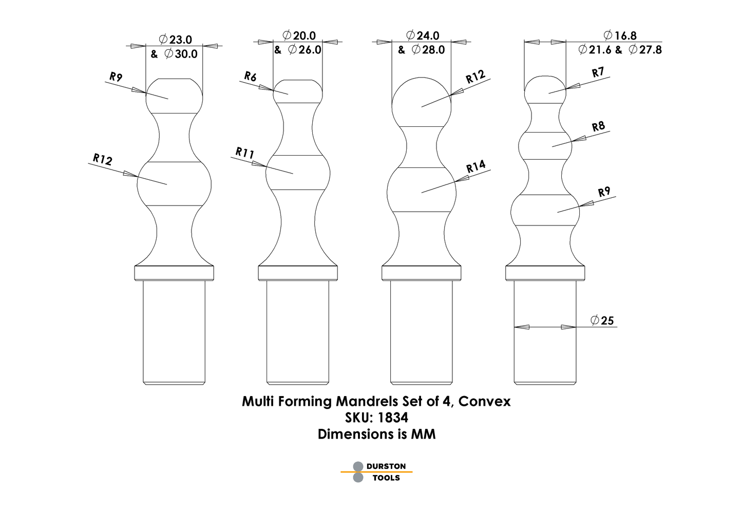 Multi Forming Anvil Mandrels Set of 4 – Convex