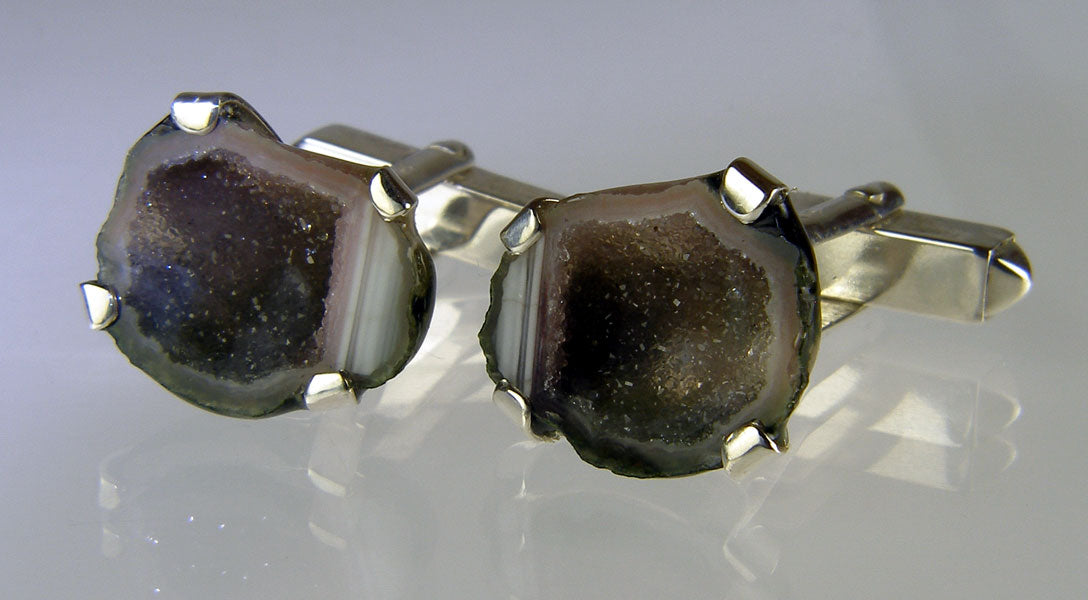 Agate geode cufflinks in silver