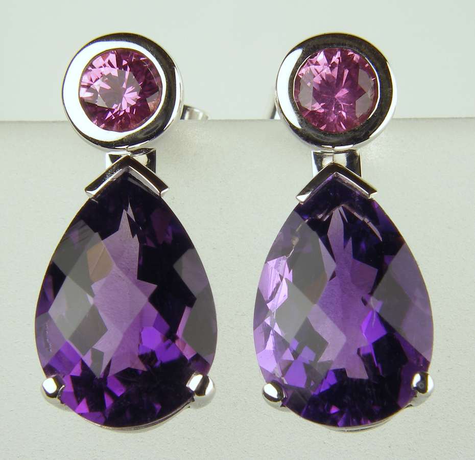 Pink sapphire earstuds with detachable amethyst drops