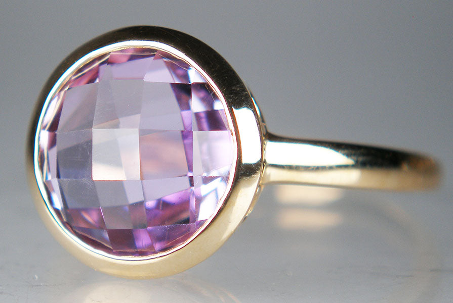 Chequerboard cut amethyst ring in 14ct yellow gold