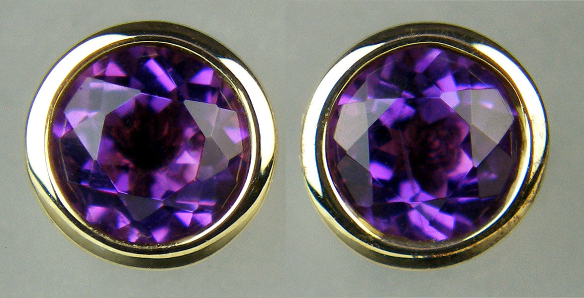 6mm round amethyst rounds rubover set in 9ct yellow gold earstuds