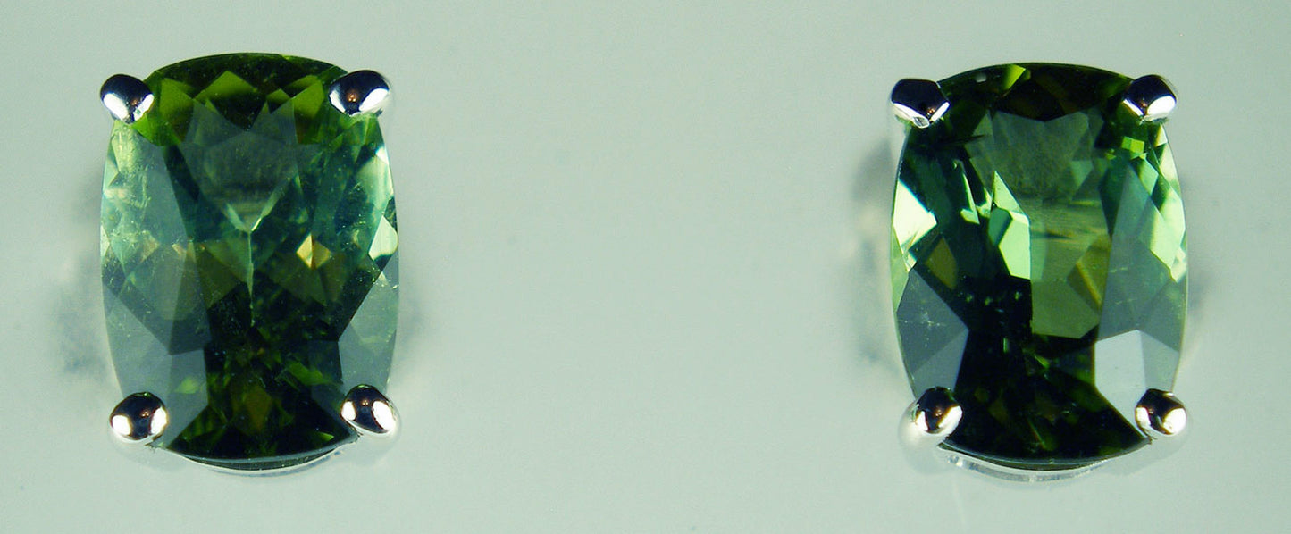 Antique cut sea green tourmaline earstuds in 18ct white gold