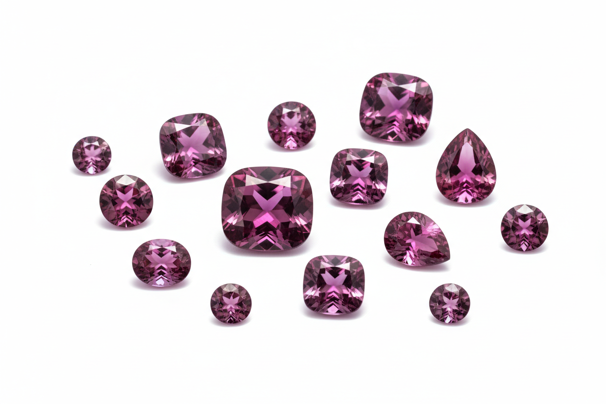 Beautiful rhodolite garnet gemstones, pink and purple colored, elegant product photography on white background