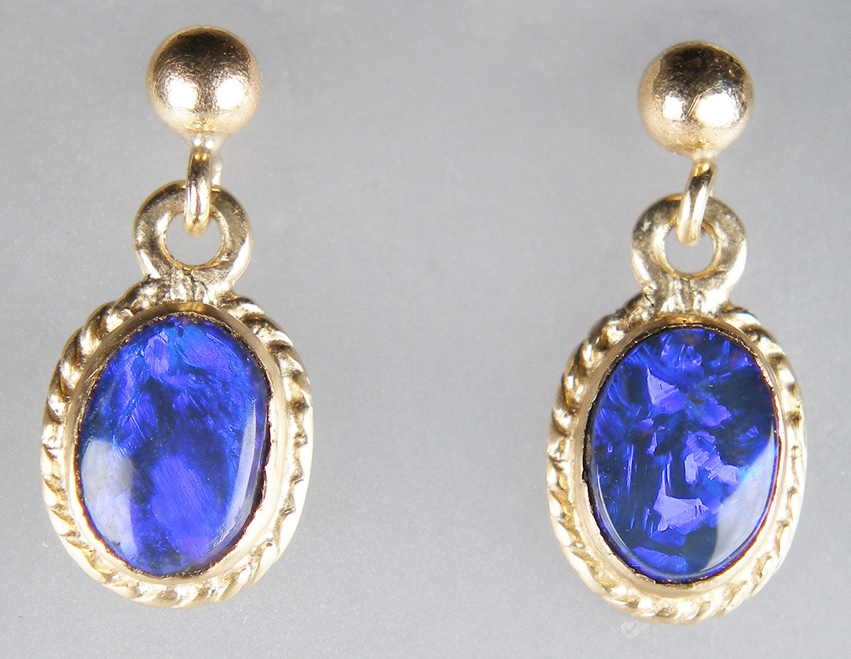 Black opal eardrops in 9ct yellow gold