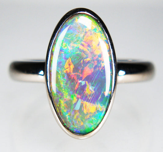 Dark crystal opal ring in 18ct white gold