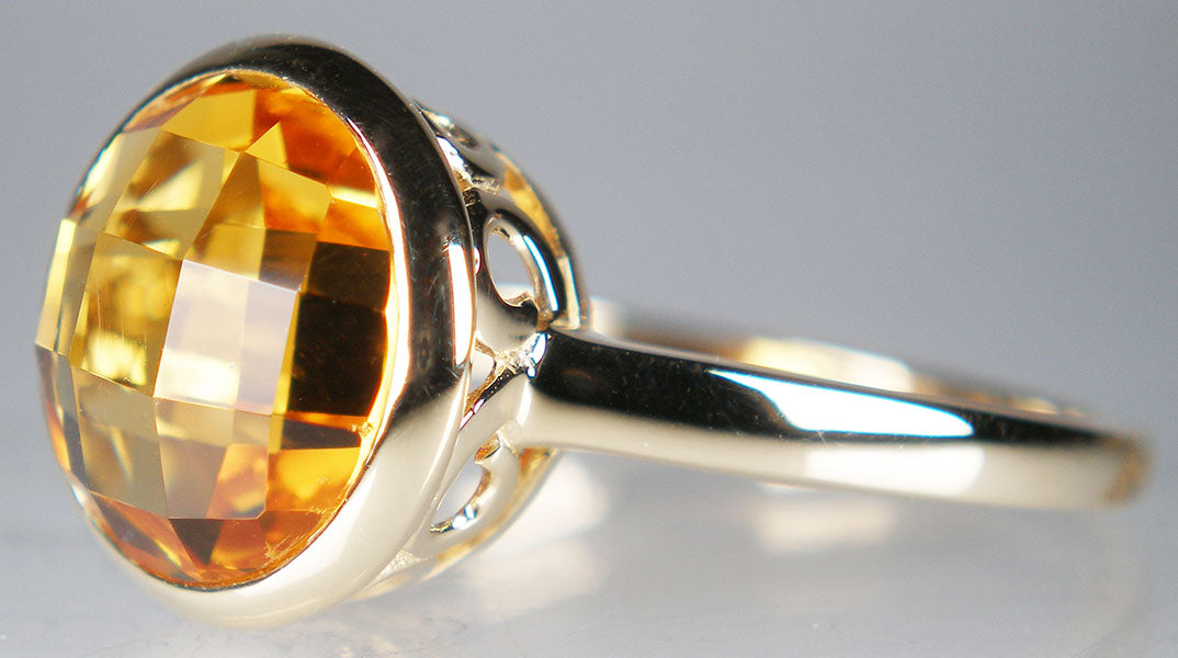 Chequerboard cut citrine ring in 14ct yellow gold