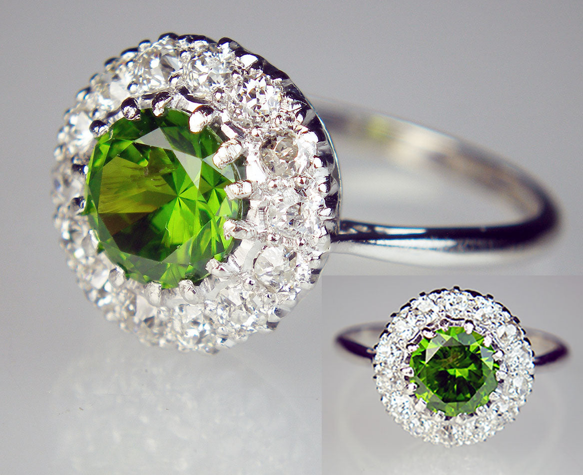 Demantoid garnet & diamond ring in platinum
