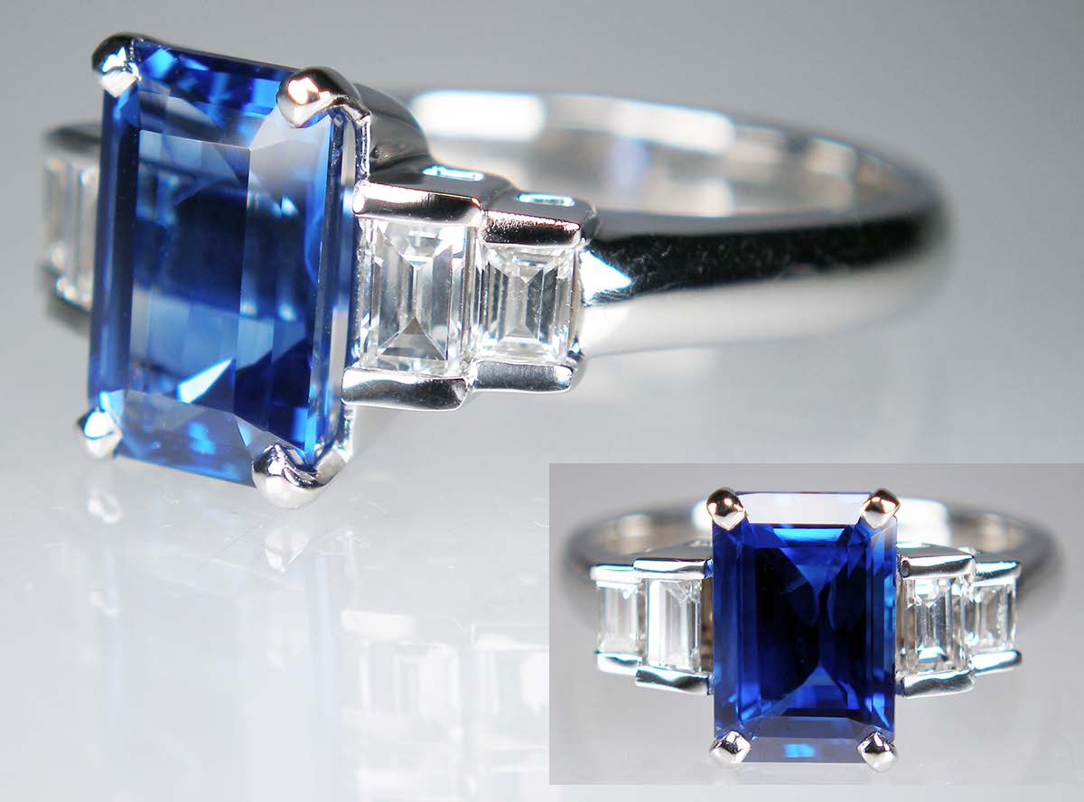 Octagonal cut blue sapphire with baguette cut diamond shoulders in platinum