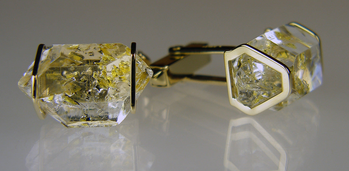 Oil included natural quartz crystal cufflinks in gold