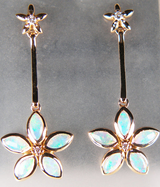 Opal & diamond flower shaped drop earrings in 18ct rose gold