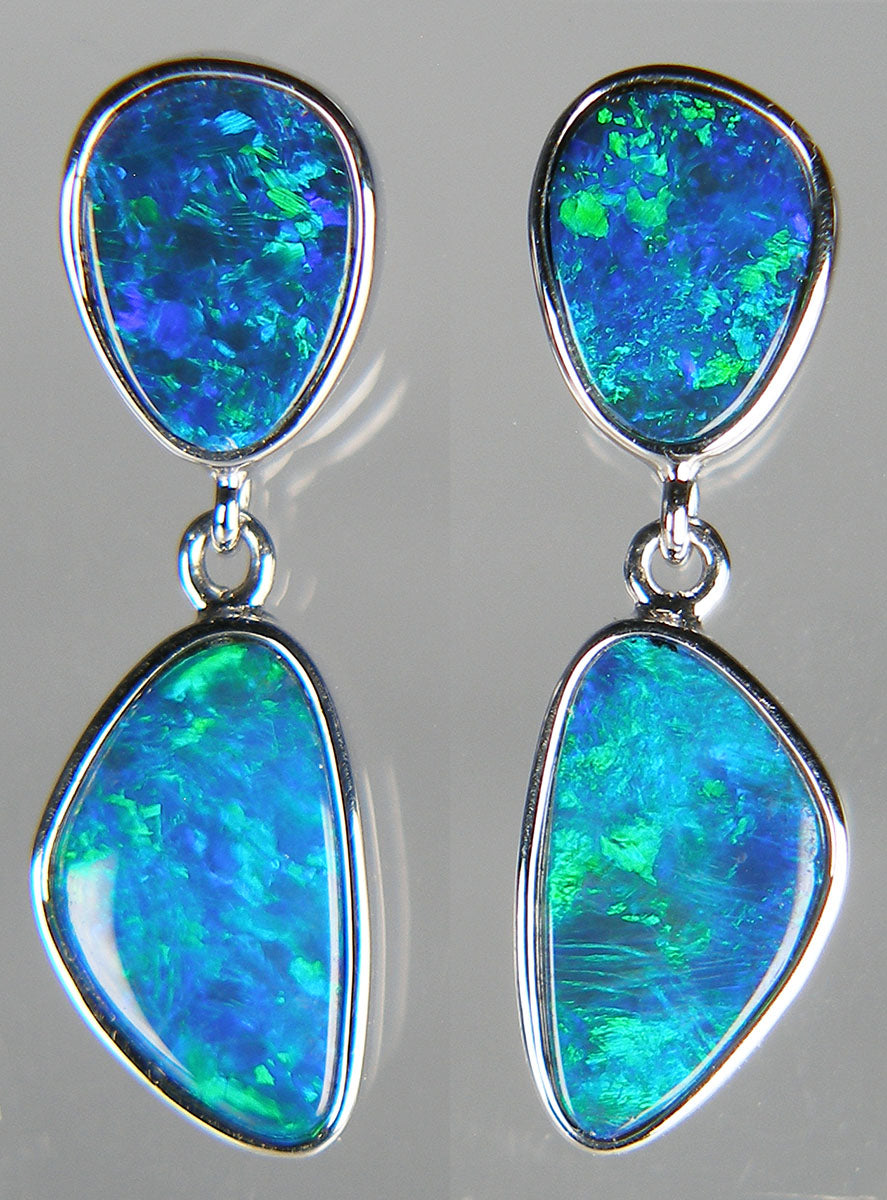 Opal doublet double drop earrings in 14ct white gold