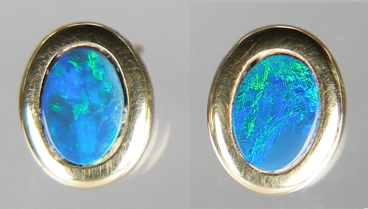 Doublet opal oval studs in 14ct yellow gold
