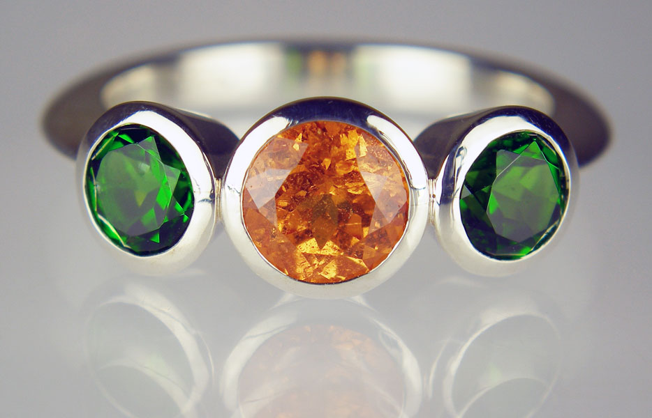 Chrome diopside & mandarin garnet ring in silver