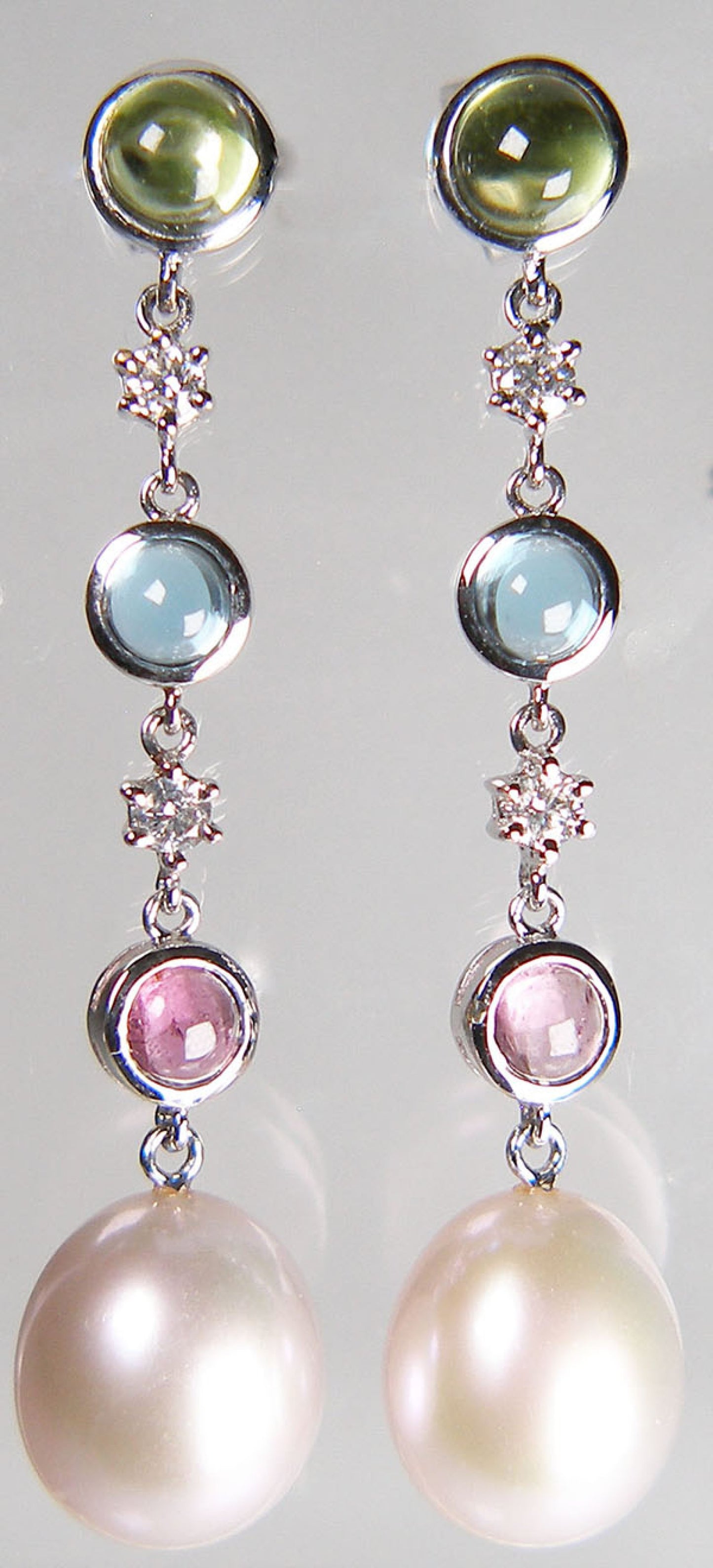 Pearl & multigem eardrops in 18ct white gold
