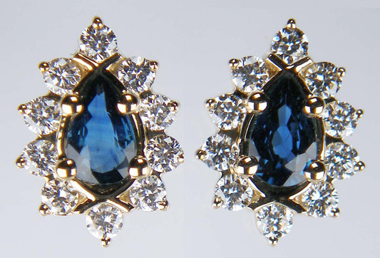 Pear cut sapphire & diamond earstuds in 9ct yellow gold