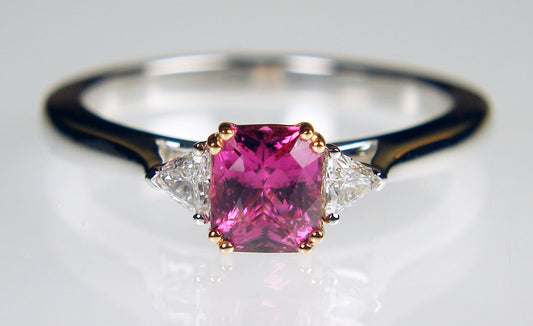 Pink sapphire & trillion cut diamond ring in rose & white gold