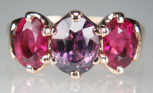 Purple sapphire & pink tourmaline ring in 9ct rose gold