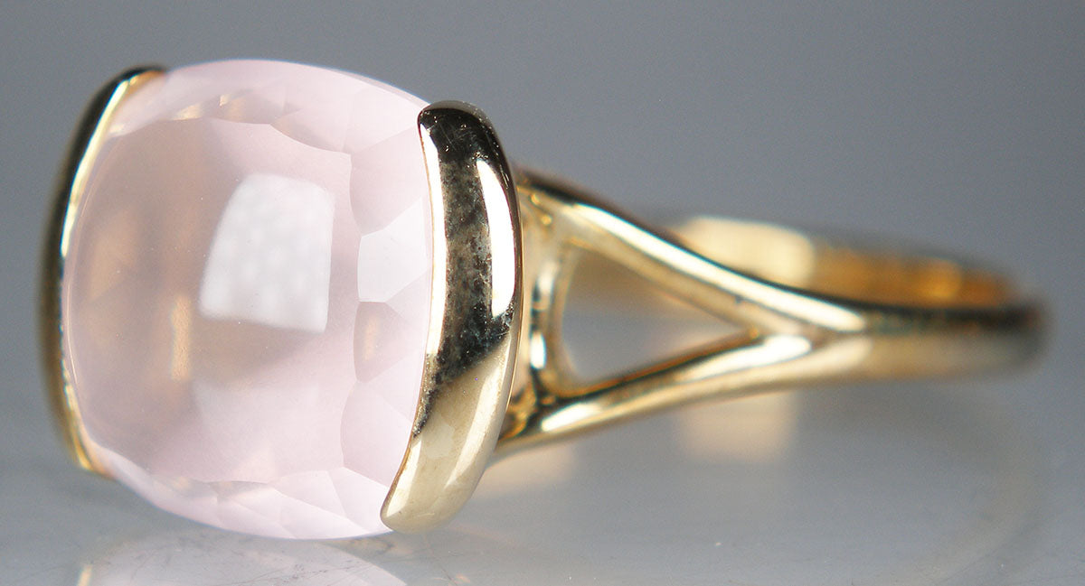 Cabochon cushion cut rose quartz ring in 9ct yellow gold