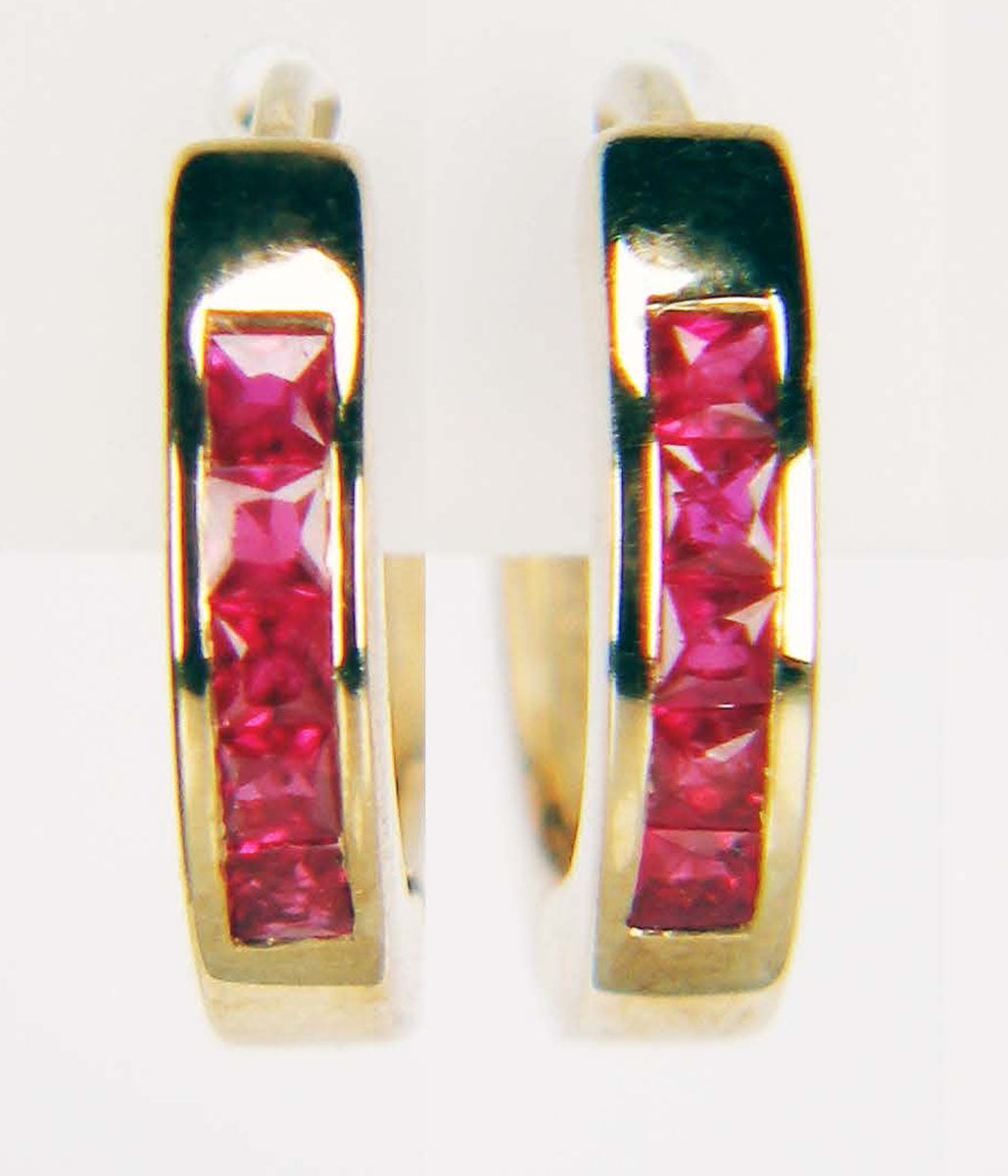 Ruby huggie earshoops in 9ct yellow gold
