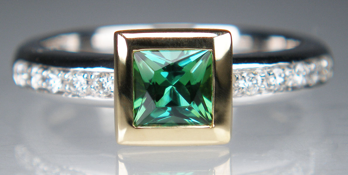 Teal coloured tourmaline & diamond ring in yellow & white gold
