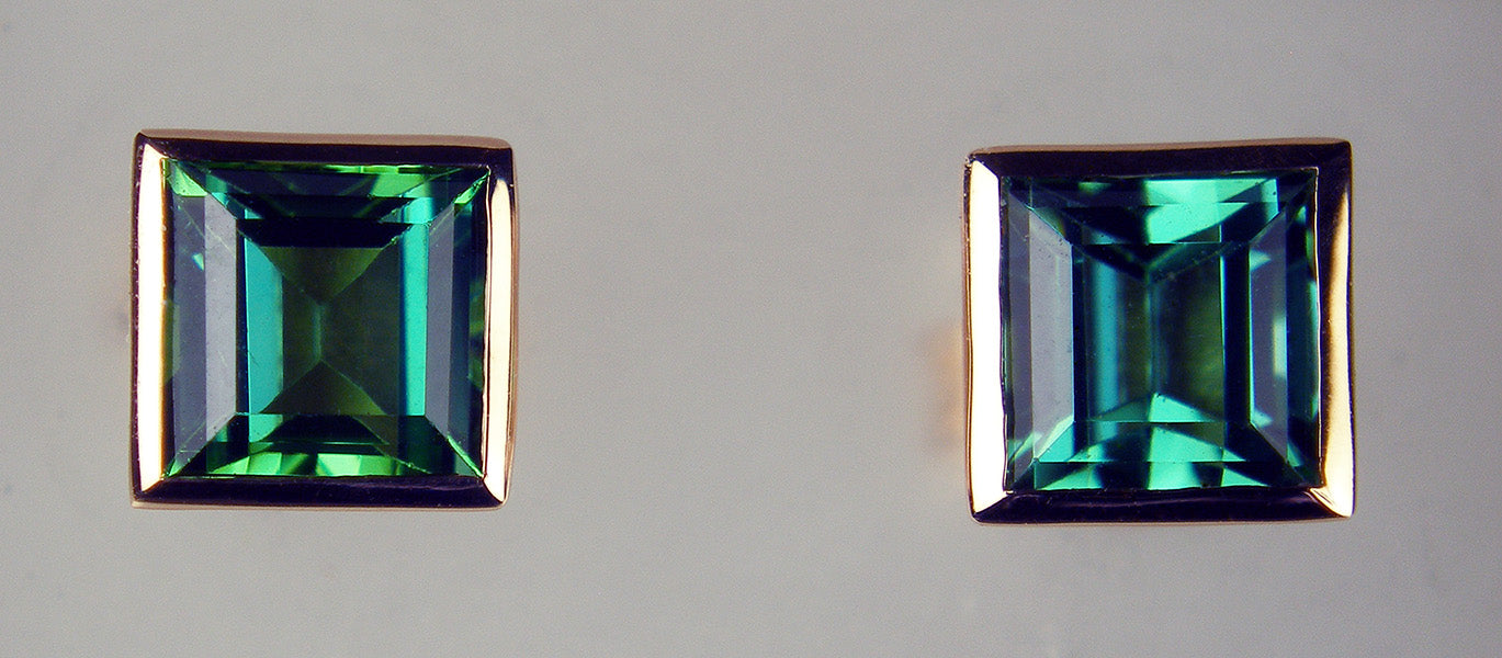 Sea Green colour tourmaline square cut stud earrings in 18ct rose gold