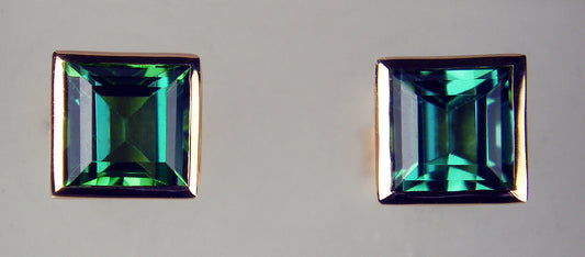 Sea Green colour tourmaline square cut stud earrings in 18ct rose gold