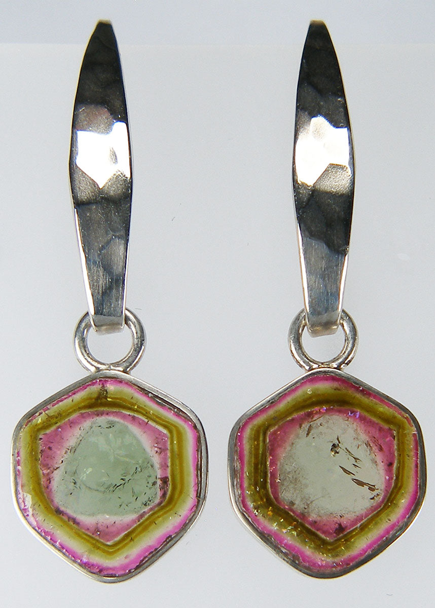 Watermelon tourmaline eardrops in silver