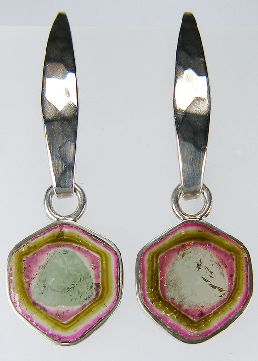 Watermelon tourmaline eardrops in silver